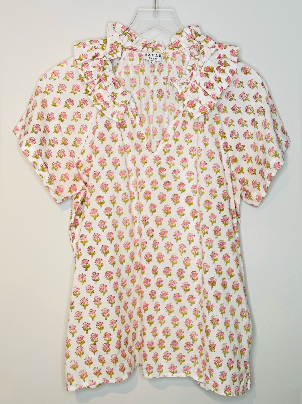 Saule Parc Garden Floral Pink White Green Puff Popover Blouse Shirt Top